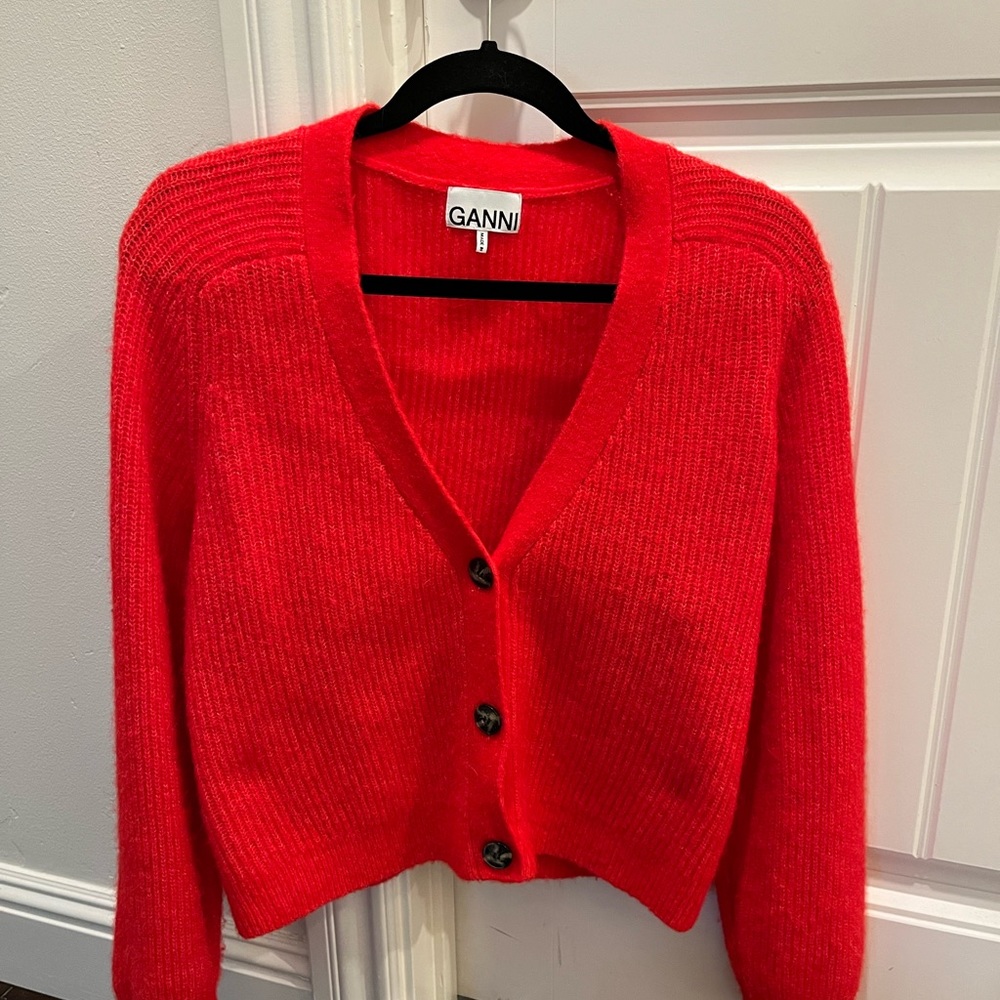 Ganni red wool long sleeve button-up v-neck cardigan
